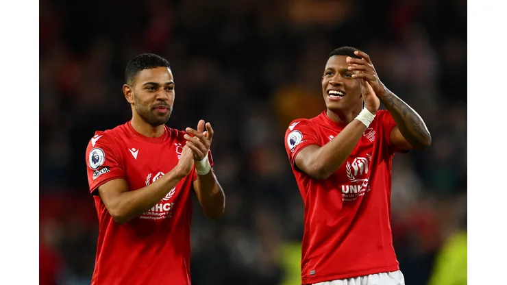 NOTTINGHAM, ENGLAND - APRIL 26: Renan Lodi and Danilo of Nottingham Forest applaud the fans following the Premier League match between Nottingham Forest and Brighton & Hove Albion at City Ground on April 26, 2023 in Nottingham, England. (Photo by Clive Mason/Getty Images)