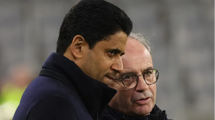 MUNICH, GERMANY - MARCH 07: Luís Campos (R), Sporting director of Paris Saint-Germain talks to Nasser Ghanim Al-Khelaifi, President of Photo by Alexander Hassenstein/Getty Images