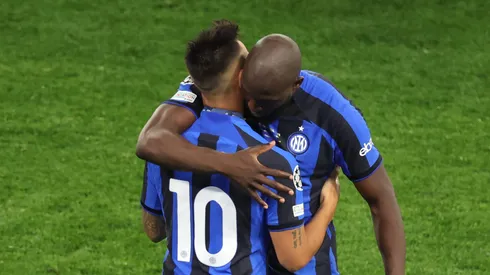 ISTANBUL, TURKEY – JUNE 10: Romelu Lukaku of FC Internazionale hugs teammate Lautaro Martinez after the UEFA Champions League 2022/23 final match between FC Internazionale and Manchester City FC at Atatuerk Olympic Stadium on June 10, 2023 in Istanbul, Turkey. (Photo by Alex Grimm/Getty Images)