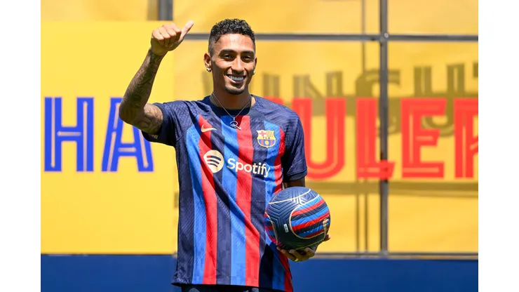 SANT JOAN DESPI, SPAIN - JULY 15: Raphael Dias Belloli 'Raphinha' poses for the media as he is presented as a FC Barcelona player at Ciutat Esportiva Joan Gamper on July 15, 2022 in Sant Joan Despi, Spain. (Photo by David Ramos/Getty Images)