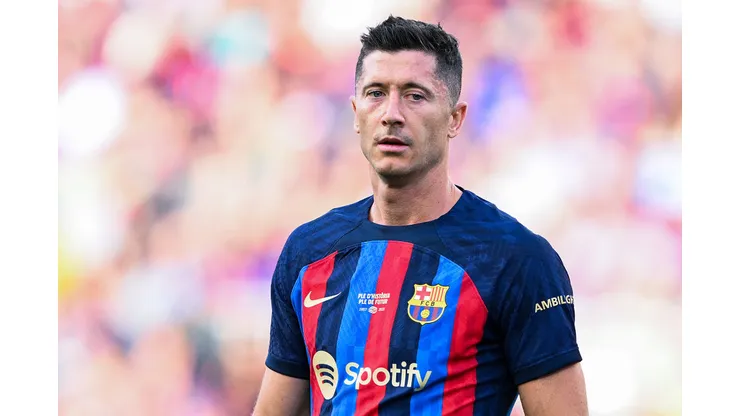 BARCELONA, SPAIN - MAY 28: Robert Lewandowski of FC Barcelona looks on during the LaLiga Santander match between FC Barcelona and RCD Mallorca at Spotify Camp Nou on May 28, 2023 in Barcelona, Spain. (Photo by David Ramos/Getty Images)