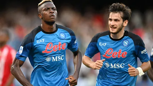 NAPLES, ITALY – AUGUST 21: Victor Osimhen of Napoli celebrates scoring their side's second goal with teammate Khvicha Kvaratskhelia during the Serie A match between Napoli and Monza at Stadio Diego Armando Maradona on August 21, 2022 in Naples, Italy. (Photo by Francesco Pecoraro/Getty Images)
