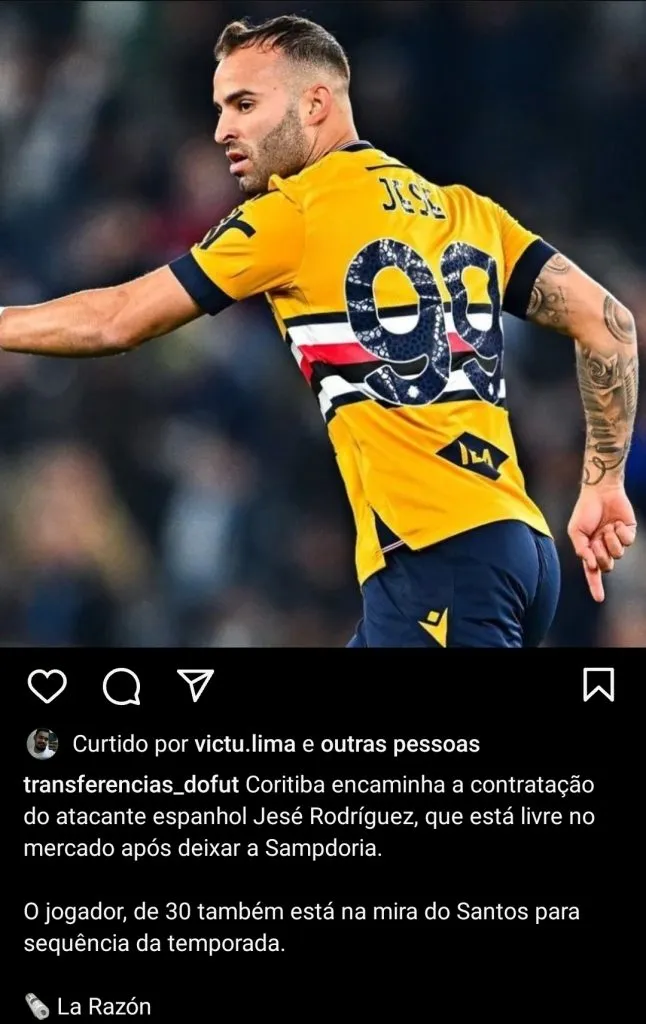 Repercusão da possível chegada de Jesé ao Coritiba via Instagram
