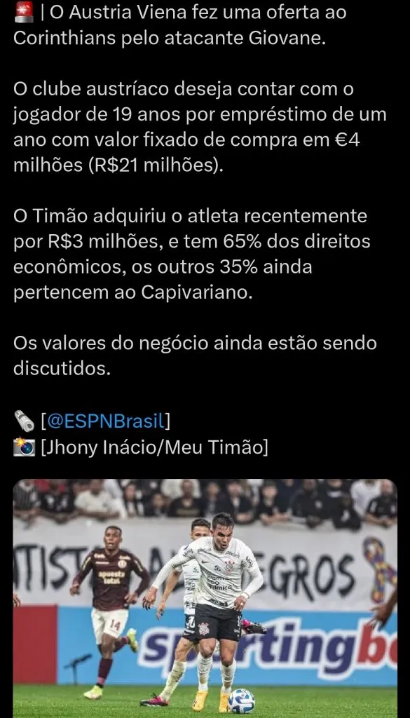 Giovane interessa ao Austria Viena segundo a ESPN via Twitter