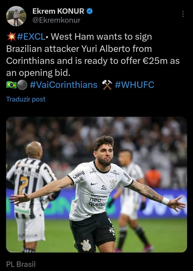 Ekrem Konur comenta interesse do West Ham em Yuri Alberto do Corinthians via Twitter