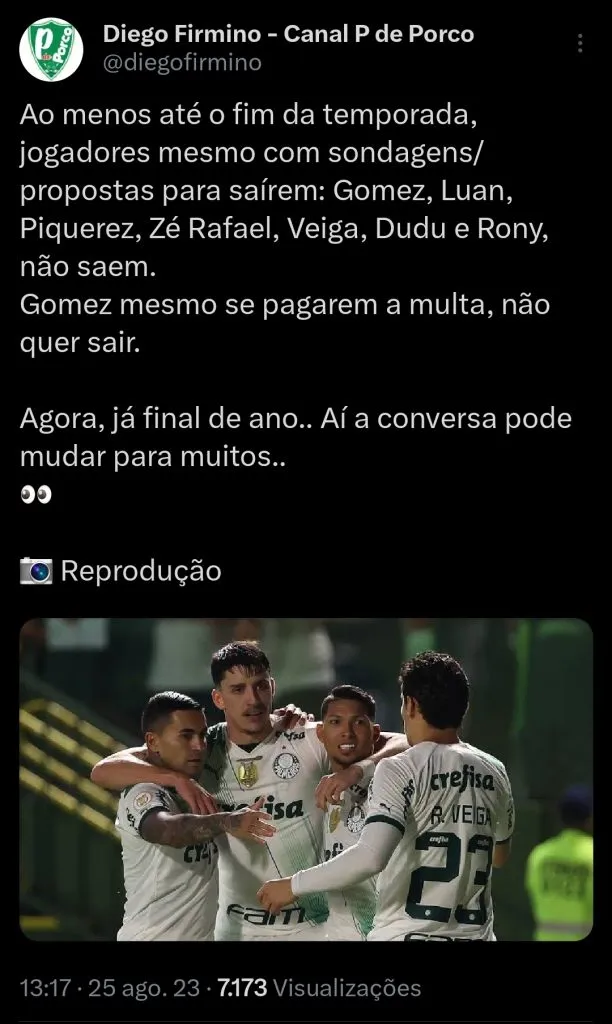Palmeiras não descarta vender jogadores em 2024 – Diego Firmino via Twitter