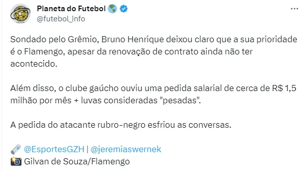 Detalhes sobre o interesse do Grêmio no futebol de Bruno Henrique
