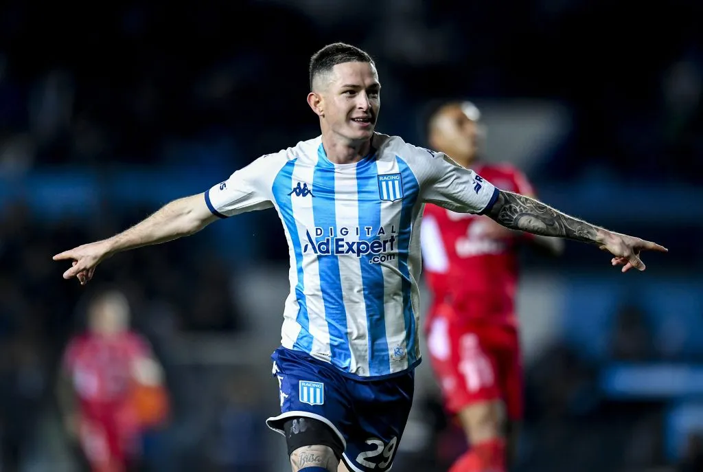 AVELLANEDA, ARGENTINA – JUNE 28: Anibal Moreno of Racing Club celebrates after scoring the team’s third goal during a Copa CONMEBOL Libertadores 2023 Group A match between Racing Club and Ñublense at Presidente Peron Stadium on June 28, 2023 in Avellaneda, Argentina. (Photo by Marcelo Endelli / Getty Images)