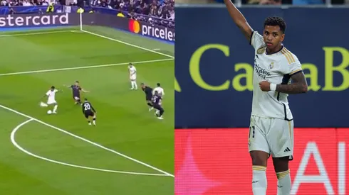 Rodrygo marca golaço. Foto Esq.: Reprodução e Foto Dir.: Fran Santiago/Getty Images