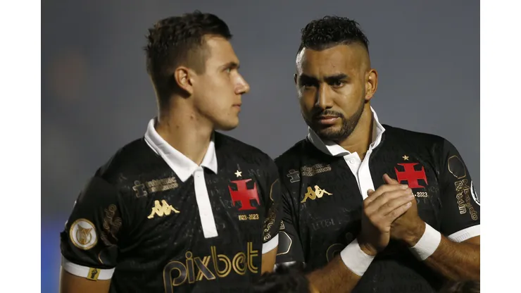 RIO DE JANEIRO, BRAZIL - OCTOBER 26: Dimitri Payet of Vasco da Gama (R) looks on prior the match between Vasco Da Gama and Internacional as part of Brasileirao 2023 at Sao Januario Stadium on October 26, 2023 in Rio de Janeiro, Brazil. (Photo by Wagner Meier/Getty Images)