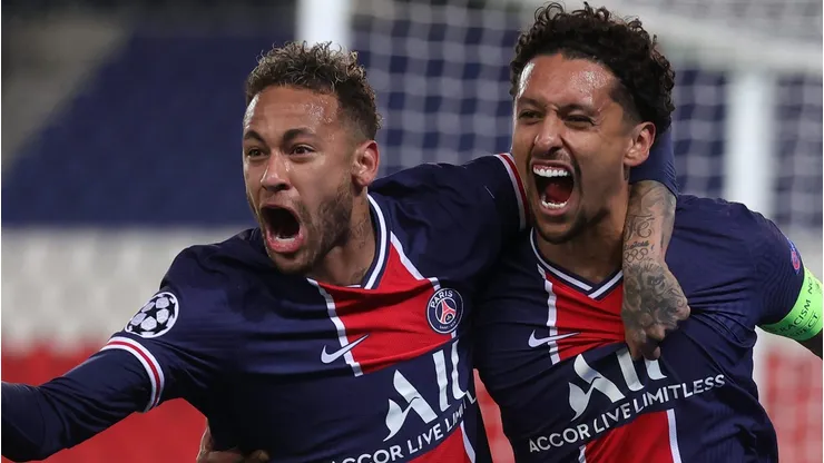 Neymar e Marquinhos estão entre os 7 brasileiros com mais gols pelo PSG. (Photo by Alex Grimm/Getty Images)