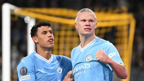 Matheus Nunes e Haaland lado a lado. Foto: Christian Kaspar-Bartke/Getty Images