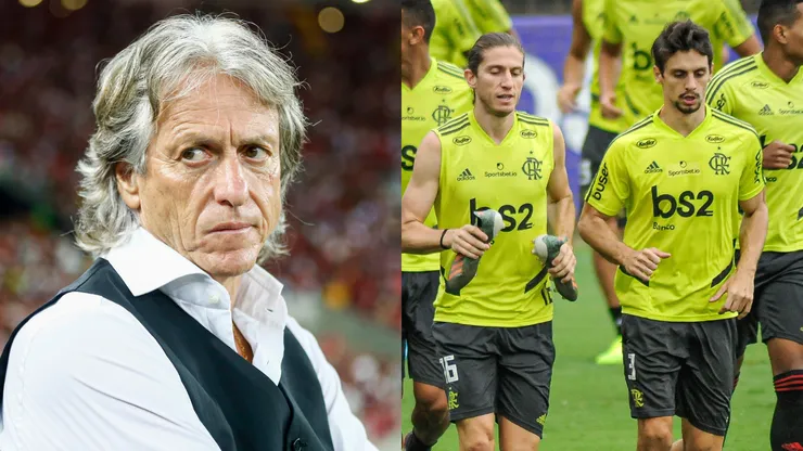 Jorge Jesus ao lado de Rodrigo Caio e Filipe Luis. Foto Esq.: Wagner Meier/Getty Images e Foto Dir.: Allan Carvalho/AGIF