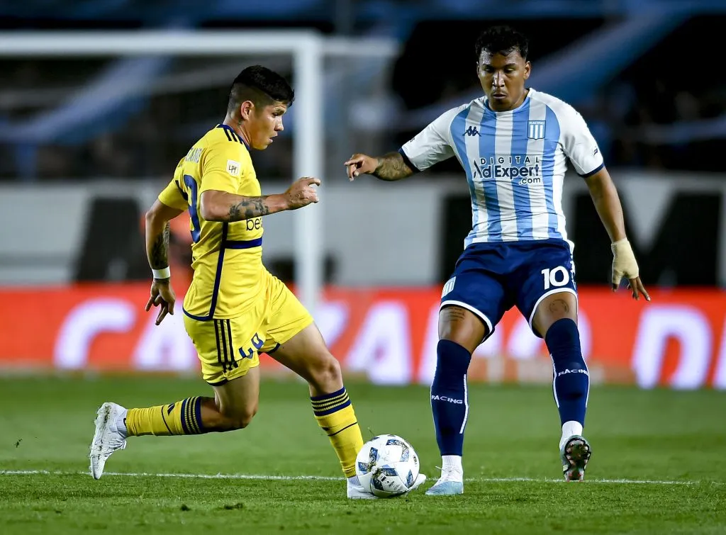 AVELLANEDA, ARGENTINA – OCTOBER 24:  Jorman Campuzano of Boca Juniors competes for the ball with Roger Martinez of Racing Club during a match between Racing Club and Boca Juniors as part of Group B of Copa de la Liga Profesional 2023 at  at Presidente Peron Stadium on October 24, 2023 in Avellaneda, Argentina. (Photo by Marcelo Endelli/Getty Images)