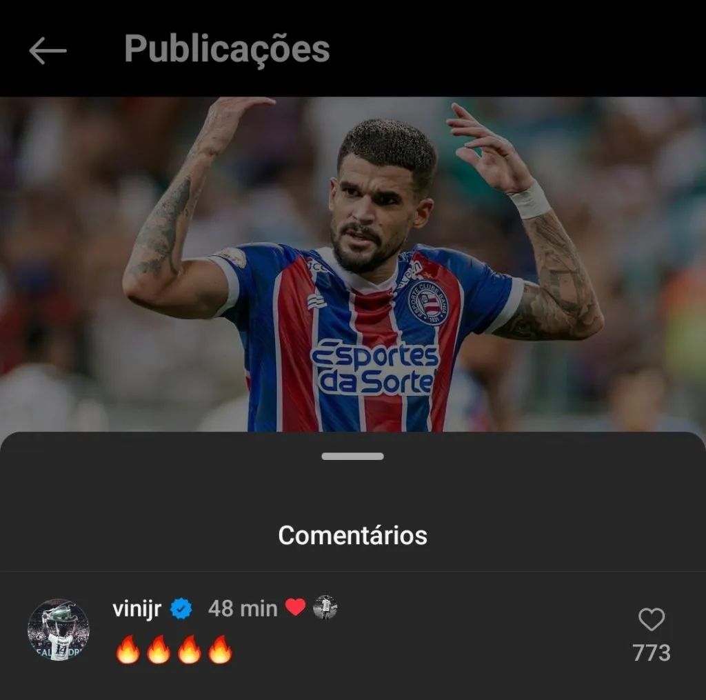 Vinícius Júnior comenta em publicação de Cauly. Foto: Reprodução Instagram