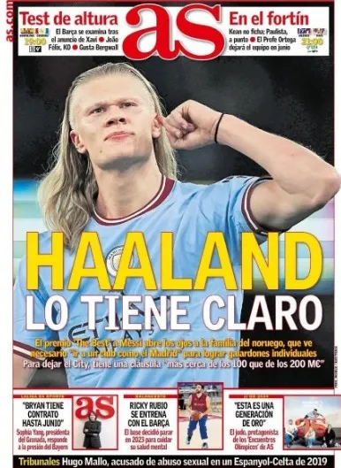 Capa do “As” desta quarta-feira (31) destaca decisão de Haaland (Foto: Reprodução)