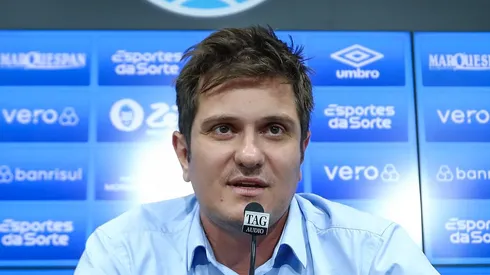 Antônio Brum concede entrevista coletiva. Foto: Lucas Uebel/Grêmio FBPA