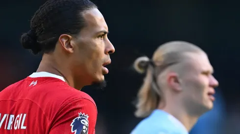 Virgil van Dijk of Liverpool looks on with Erling Haaland of Manchester City . (Photo by Michael Regan/Getty Images)