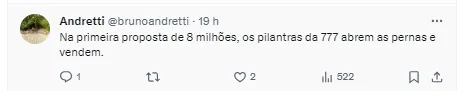 Torcida comenta sobre Lucas Eduardo e a 777