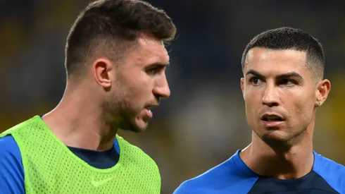 Cristiano Ronaldo of Al Nassr FC speask with Aymeric Laporte (Photo by Justin Setterfield/Getty Images)