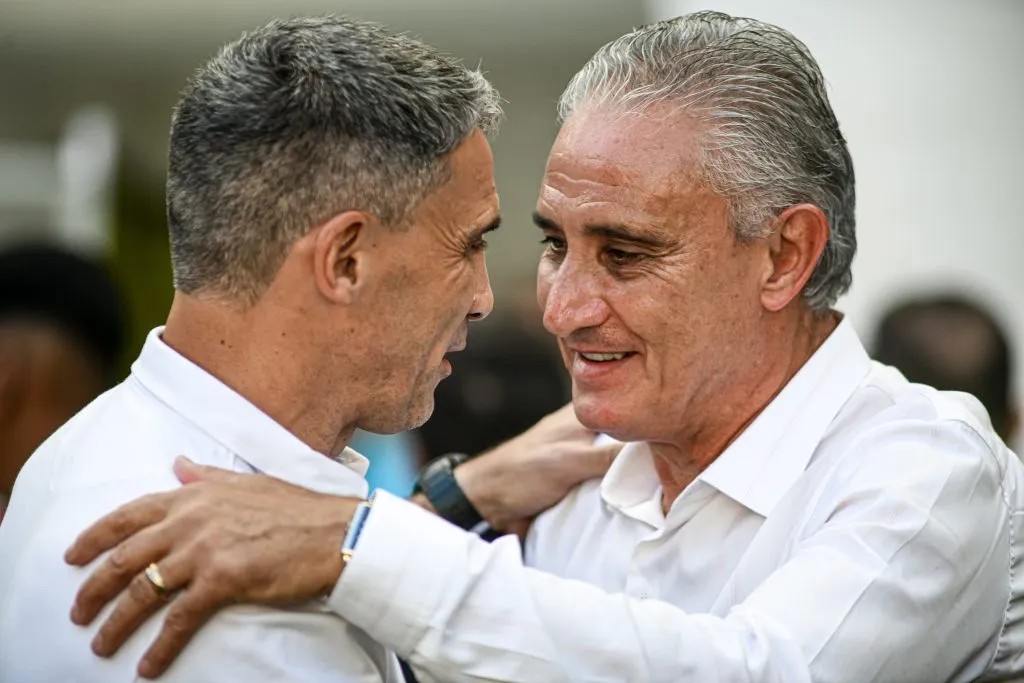 Vojvoda e Tite se cumprimentam. Foto: Kely Pereira/AGIF