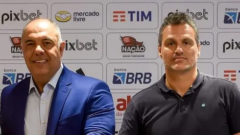 Marcos Braz e Bruno Spindel lado a lado no CT Ninho do Urubu. Foto: Marcelo Cortes/Flamengo