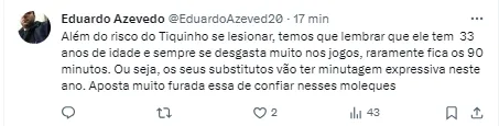 Torcida comenta no Twitter sobre situação dos substitutos de Diego Costa