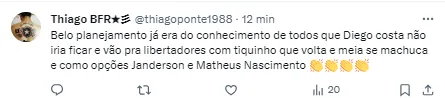 Torcida comenta no Twitter sobre situação dos substitutos de Diego Costa