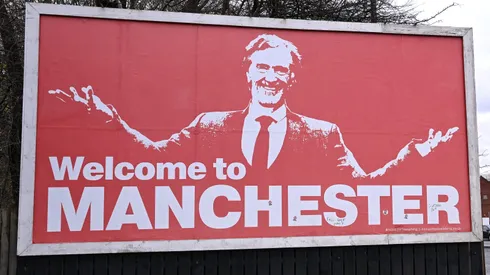 A billboard near Old Trafford shows a picture of Sir Jim Ratcliffe (Photo by Stu Forster/Getty Images)