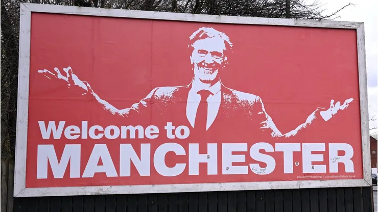 A billboard near Old Trafford shows a picture of Sir Jim Ratcliffe (Photo by Stu Forster/Getty Images)
