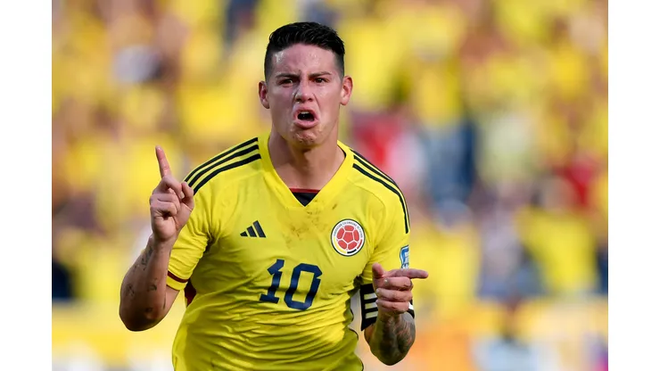 BARRANQUILLA, COLOMBIA - OCTOBER 12: James Rodriguez of Colombia celebrates after scoring the first goal of his team during a FIFA World Cup 2026 Qualifier match between Colombia and Uruguay at Roberto Melendez Metropolitan Stadium on October 12, 2023 in Barranquilla, Colombia. (Photo by Gabriel Aponte/Getty Images)