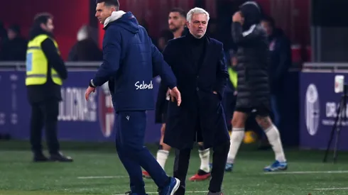 BOLOGNA, ITALY – DECEMBER 17: Thiago Motta, Head Coach of Bologna FC, and Jose Mourinho, Head Coach of AS Roma, interact after the Serie A TIM match between Bologna FC and AS Roma at Stadio Renato Dall'Ara on December 17, 2023 in Bologna, Italy. (Photo by Alessandro Sabattini/Getty Images)