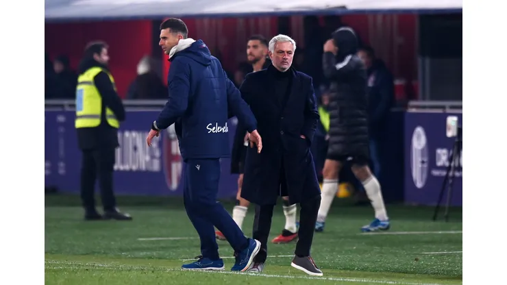 BOLOGNA, ITALY - DECEMBER 17: Thiago Motta, Head Coach of Bologna FC, and Jose Mourinho, Head Coach of AS Roma, interact after the Serie A TIM match between Bologna FC and AS Roma at Stadio Renato Dall'Ara on December 17, 2023 in Bologna, Italy. (Photo by Alessandro Sabattini/Getty Images)