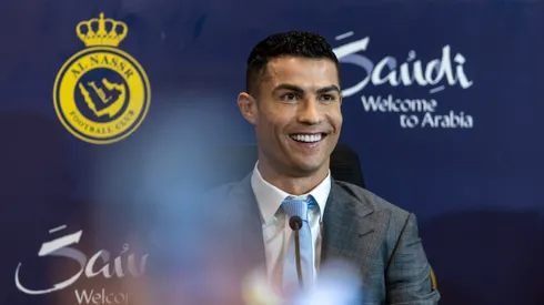 RIYADH, SAUDI ARABIA – JANUARY 03: Cristiano Ronaldo attends a press conference during the official unveiling of Cristiano Ronaldo as an Al Nassr player at Mrsool Park Stadium on January 3, 2023 in Riyadh, Saudi Arabia. (Photo by Yasser Bakhsh/Getty Images)