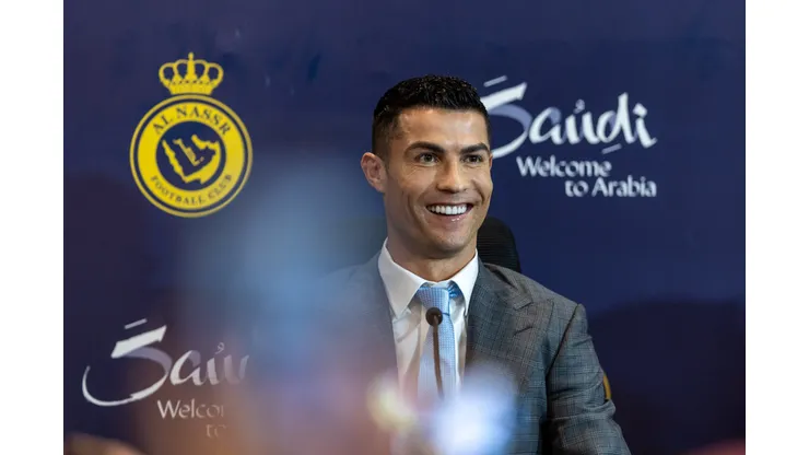 RIYADH, SAUDI ARABIA - JANUARY 03: Cristiano Ronaldo attends a press conference during the official unveiling of Cristiano Ronaldo as an Al Nassr player at Mrsool Park Stadium on January 3, 2023 in Riyadh, Saudi Arabia. (Photo by Yasser Bakhsh/Getty Images)