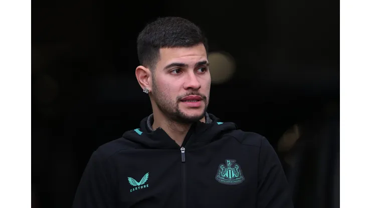 NEWCASTLE UPON TYNE, ENGLAND - MARCH 02: Newcastle United player Bruno Guimaraes looks on as he arrives at the ground prior to the Premier League match between Newcastle United and Wolverhampton Wanderers at St. James Park on March 02, 2024 in Newcastle upon Tyne, England. (Photo by Stu Forster/Getty Images)