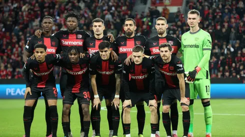LEVERKUSEN, GERMANY - MARCH 14: Players of Bayer Leverkusen pose for a team photograph prior to the UEFA Europa League 2023/24 round of 16 second leg match between Bayer 04 Leverkusen and Qarabag FK at BayArena on March 14, 2024 in Leverkusen, Germany. (Photo by Alex Grimm/Getty Images)