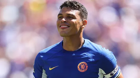 LANDOVER, MARYLAND - JULY 30: Thiago Silva of Chelsea celebrates after scoring the team's first goal during the Premier League Summer Series match between Chelsea FC and Fulham FC at FedExField on July 30, 2023 in Landover, Maryland. (Photo by Patrick Smith/Getty Images)