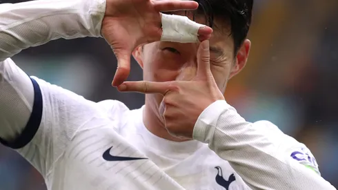 BIRMINGHAM, ENGLAND - MARCH 10: Son Heung-Min of Tottenham Hotspur celebrates scoring his sides third goal during the Premier League match between Aston Villa and Tottenham Hotspur at Villa Park on March 10, 2024 in Birmingham, England. (Photo by Alex Pantling/Getty Images)