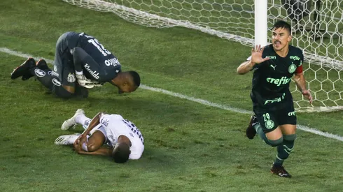 SANTOS, BRAZIL – DECEMBER 05: Willian #29 of Palmeiras celebrates after scoring the second goal of his team during the match against Santos as part of Brasileirao Series A 2020 at Vila Belmiro Stadium on December 05, 2020 in Santos, Brazil. (Photo by Alexandre Schneider/Getty Images)