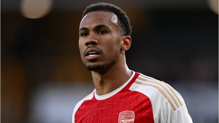 Gabriel Magalhães of Arsenal during the Premier League (Photo by Gareth Copley/Getty Images)