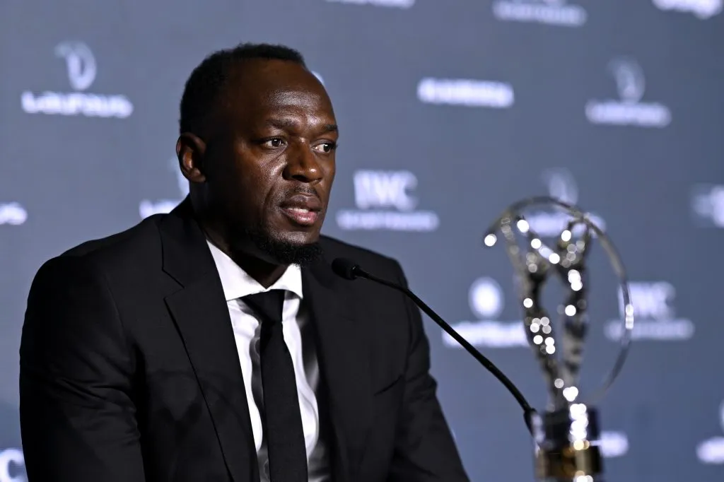 Usain Bolt speaks .  (Photo by Carlos Alvarez/Getty Images for Laureus)