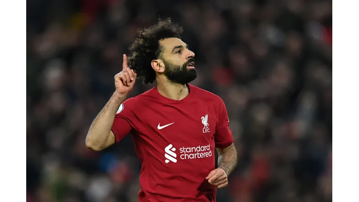 LIVERPOOL, ENGLAND - MARCH 05: Mohamed Salah of Liverpool celebrates after scoring the team's fourth goal during the Premier League match between Liverpool FC and Manchester United at Anfield on March 05, 2023 in Liverpool, England. (Photo by Michael Regan/Getty Images)