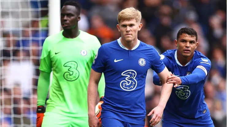 Lewis Hall is instructed by Thiago Silva of Chelsea . (Photo by Clive Rose/Getty Images)