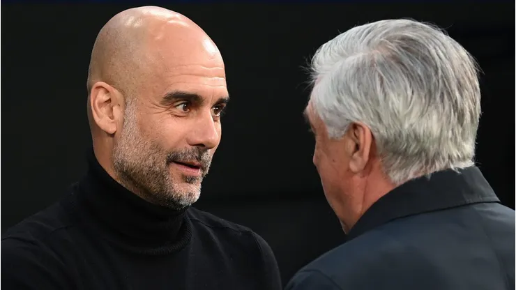 Carlo Ancelotti, with Pep Guardiola, . (Photo by Michael Regan/Getty Images)