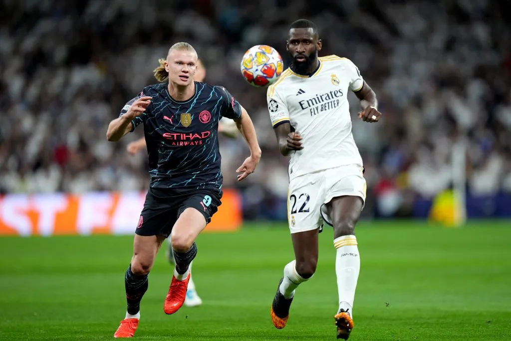 Erling Haaland of Manchester City and Antonio Ruediger of Real Madrid  (Photo by Angel Martinez/Getty Images)