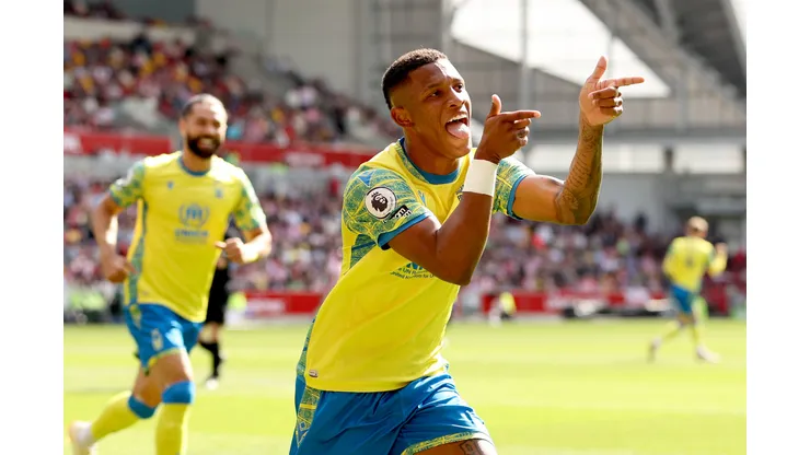 BRENTFORD, ENGLAND - APRIL 29: Danilo of Nottingham Forest celebrates after scoring the team's first goal during the Premier League match between Brentford FC and Nottingham Forest at Brentford Community Stadium on April 29, 2023 in Brentford, England. (Photo by Ryan Pierse/Getty Images)