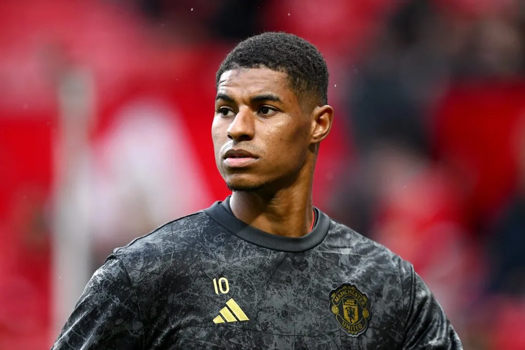 MANCHESTER, ENGLAND – MAY 15: Marcus Rashford of Manchester United warms up prior to the Premier League match between Manchester United and Newcastle United at Old Trafford on May 15, 2024 in Manchester, England. (Photo by Gareth Copley/Getty Images)
