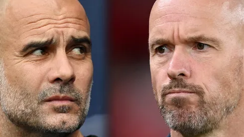 Guardiola e Ten Hag lado a lado. Foto Esq.: Shaun Botterill/Getty e Foto Dir.: Michael Regan/Getty Images