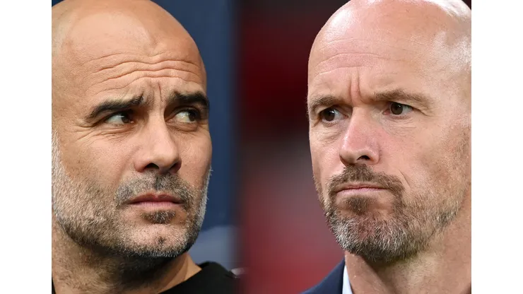 Guardiola e Ten Hag lado a lado. Foto Esq.: Shaun Botterill/Getty e Foto Dir.: Michael Regan/Getty Images
